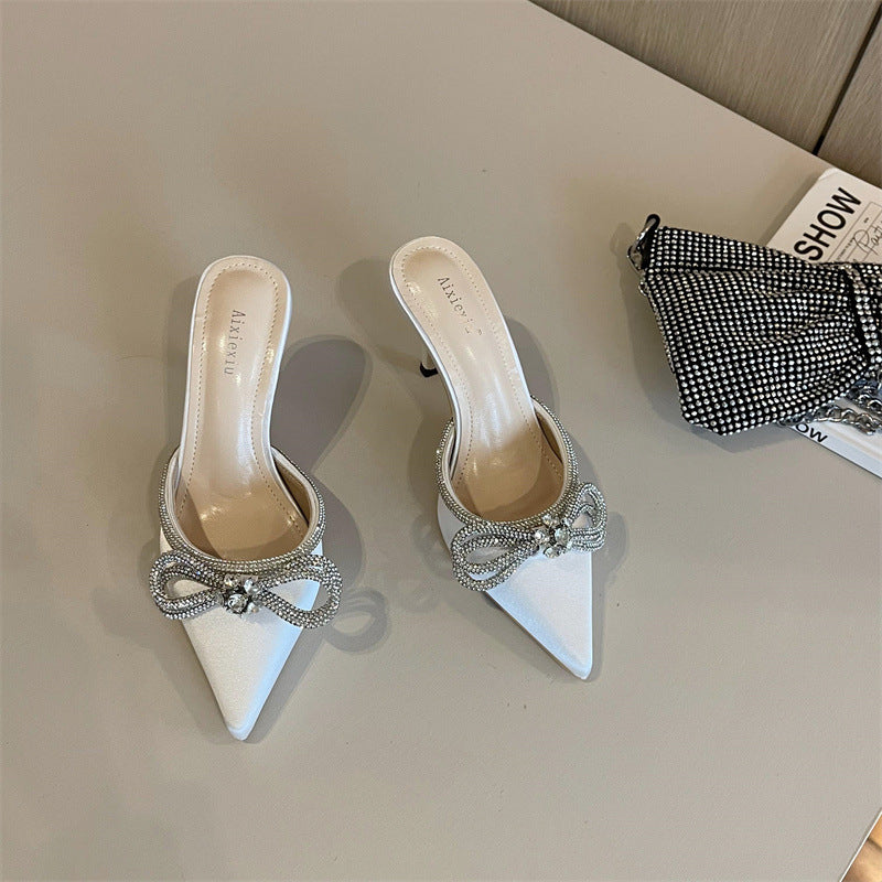 Eilyken Fashion Butterfly-knot Slippers Women Thin Heels Pointed Toe Design Summer Mules Slides Shoe Zapatillas De Mujer
