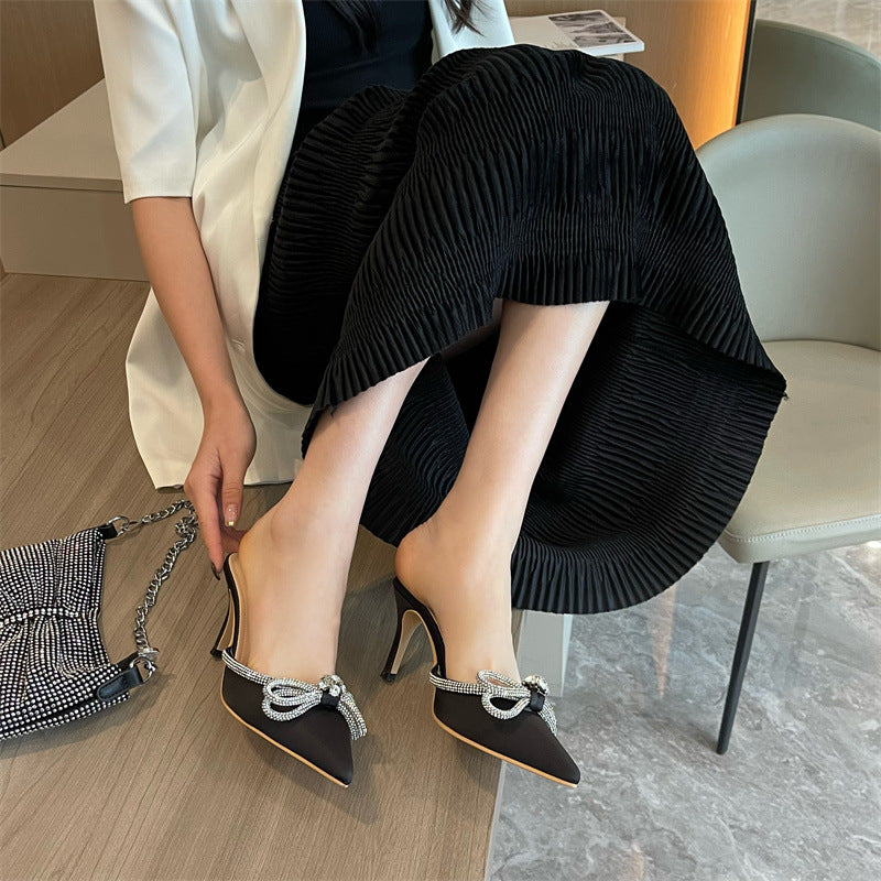 Eilyken Fashion Butterfly-knot Slippers Women Thin Heels Pointed Toe Design Summer Mules Slides Shoe Zapatillas De Mujer
